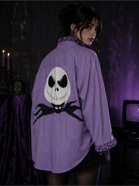 Upcycled Jack Skellington Lavender Ted BakerButton-Down Shirt with Ruffle collar